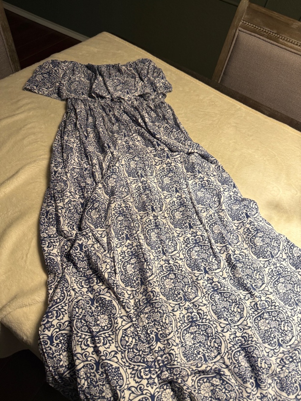 Off-Shoulder Blue and White Printed Maxi Dress